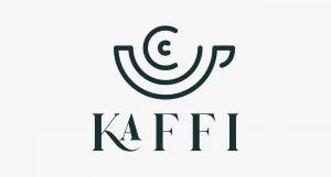 A minimalist dark green logo for KAFFI featuring a line-art coffee cup icon with a circular 'C' inside, placed above the brand name in a stylized serif font