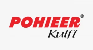 A bold logo for Pohieer Kulfi featuring the word "POHIEER" in slanted red block letters above the word "Kulfi" in an elegant black script font.