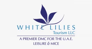 White Lilies Tourism LLC logo with a stylized lily flower and the tagline “A Premier DMC for the U.A.E. Leisure & MICE”.