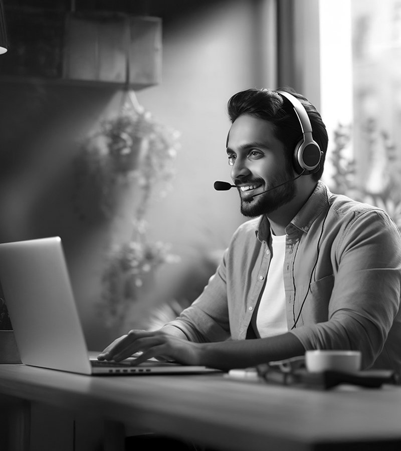 Customer support executive wearing headset assisting clients on laptop
