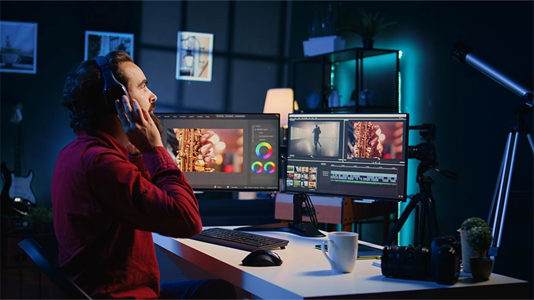 A professional video editor wearing headphones sits at a dual-monitor workstation in a dimly lit studio with blue ambient lighting, working on a video project featuring a saxophone.